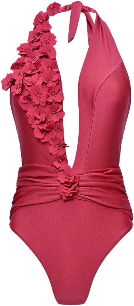 PATBO, Sunstone Lycra Plunge Bodysuit with Muslin Floral Embroidery