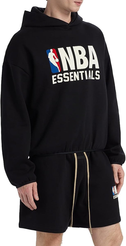 Black NBA Essentials hoodie and shorts set on a white background
