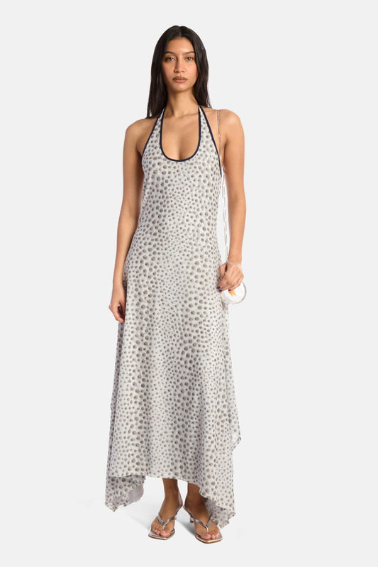 KATE BARTON, Chrome Polka Dot Mesh Handkerchief Dress, M, Grey
