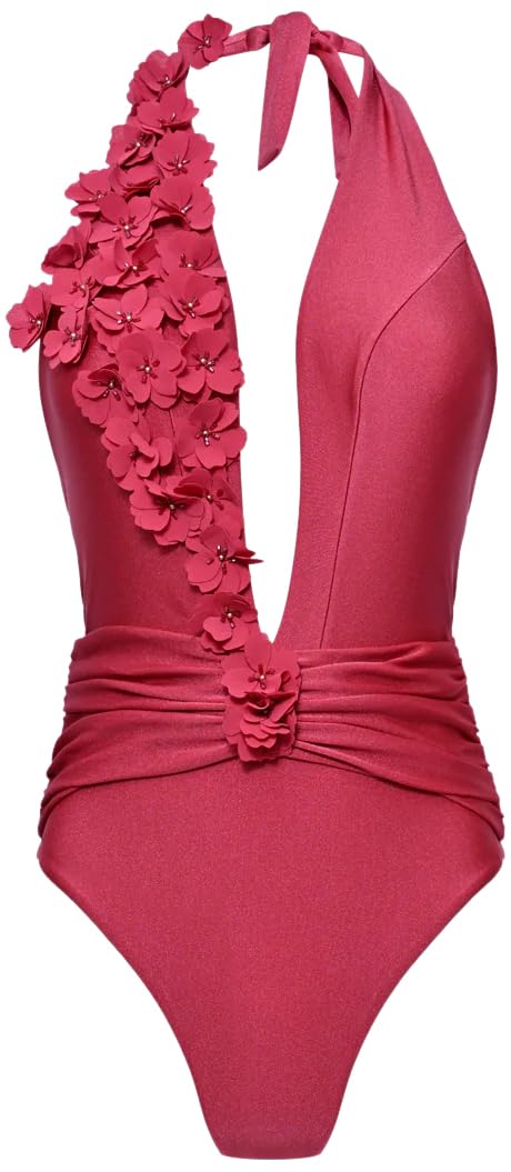 PATBO, Sunstone Lycra Plunge Bodysuit with Muslin Floral Embroidery