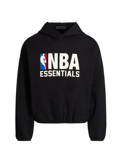 Black hoodie with NBA Essentials logo on a white background