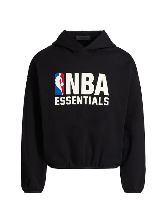 Black hoodie with NBA Essentials logo on a white background