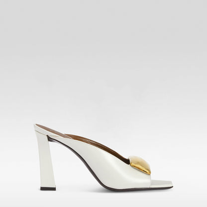 Giuseppe Zanotti, Gz Mya Stone 90, Clean-cut, Open-toe Mule Sandal with Geometric Metal Brooch, White