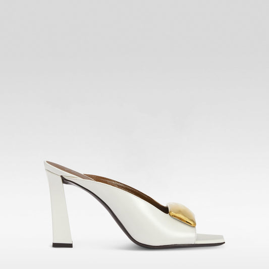 Giuseppe Zanotti, Gz Mya Stone 90, Clean-cut, Open-toe Mule Sandal with Geometric Metal Brooch, White
