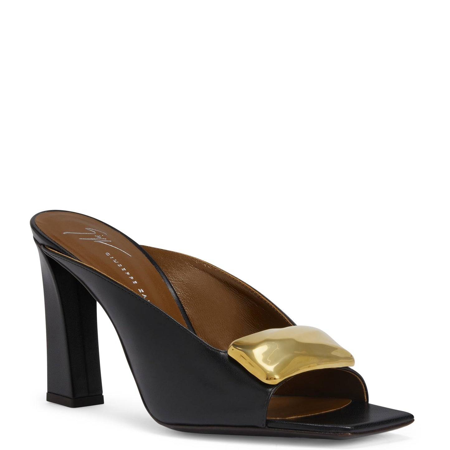 Giuseppe Zanotti, Gz Mya Stone 90, Clean-cut, Open-toe Mule Sandal with Geometric Metal Brooch, Black