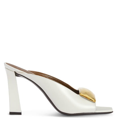 Giuseppe Zanotti, Gz Mya Stone 90, Clean-cut, Open-toe Mule Sandal with Geometric Metal Brooch, White