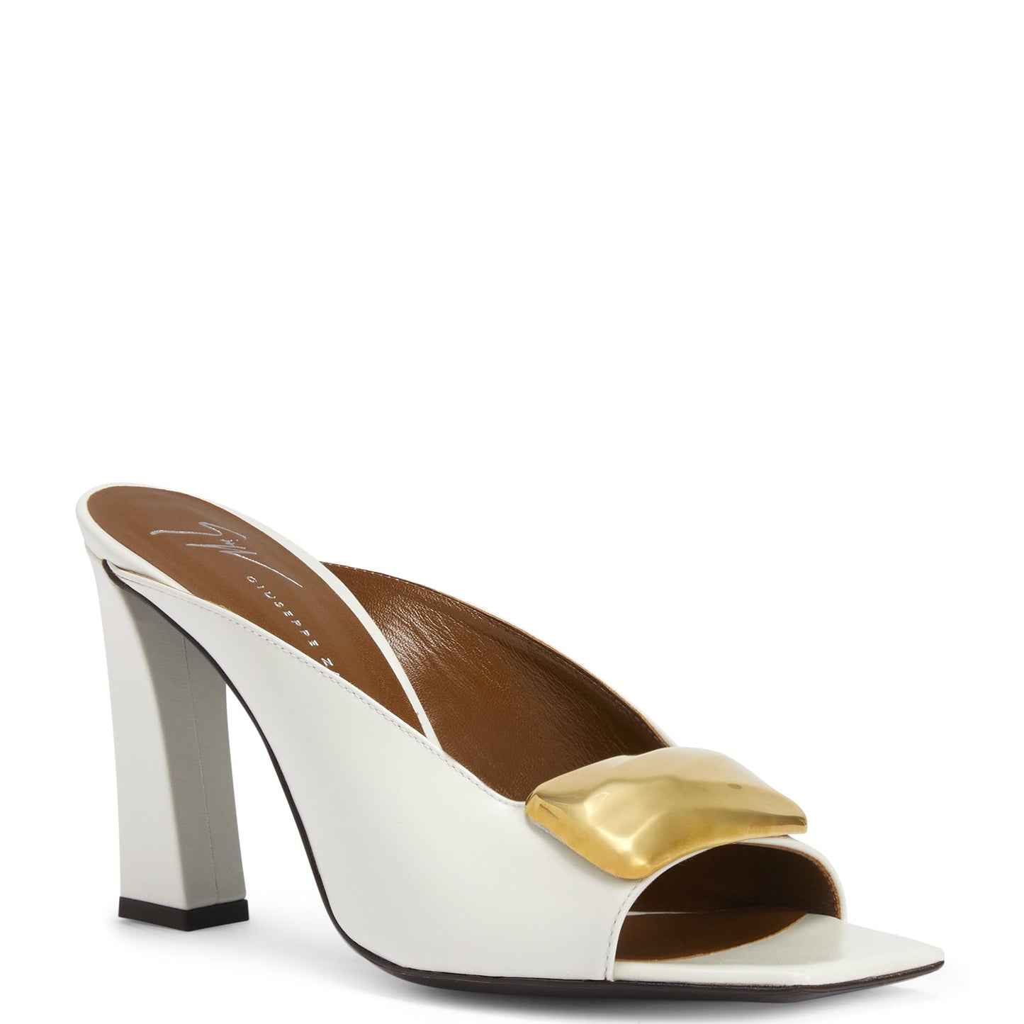 Giuseppe Zanotti, Gz Mya Stone 90, Clean-cut, Open-toe Mule Sandal with Geometric Metal Brooch, White