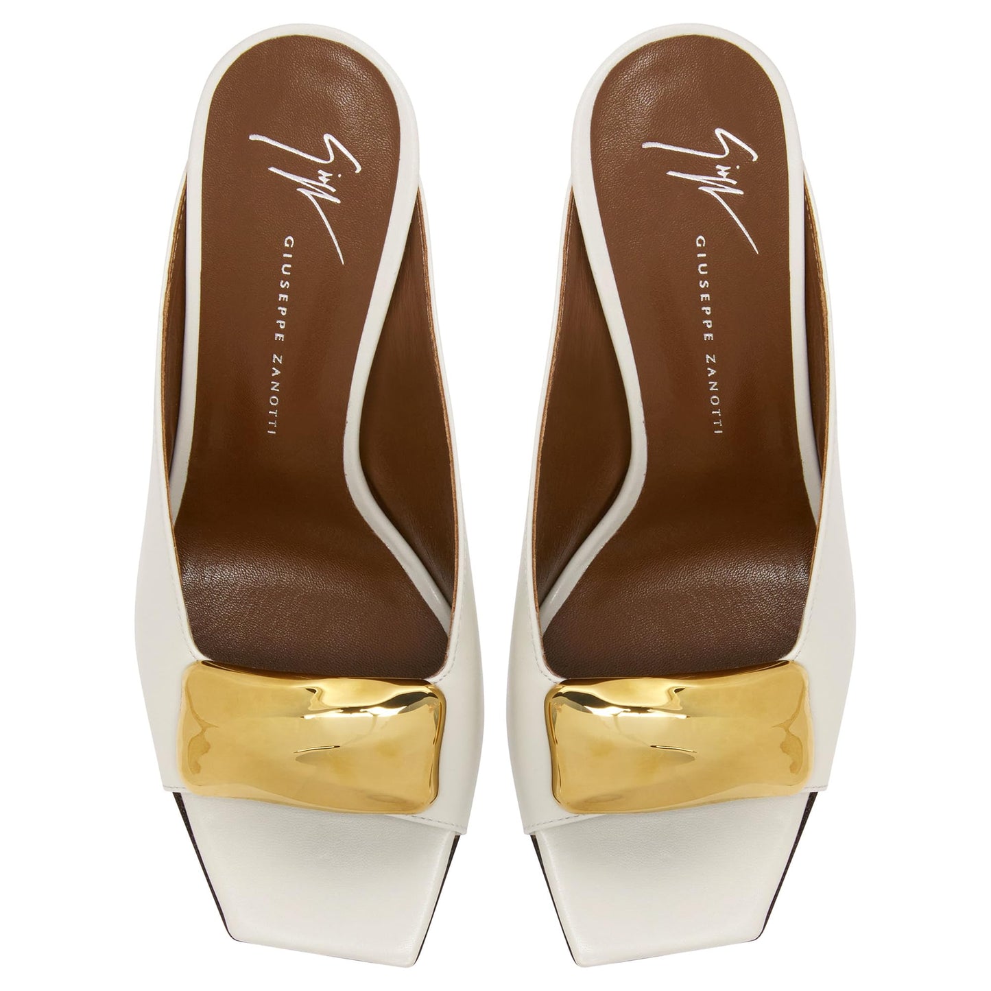 Giuseppe Zanotti, Gz Mya Stone 90, Clean-cut, Open-toe Mule Sandal with Geometric Metal Brooch, White