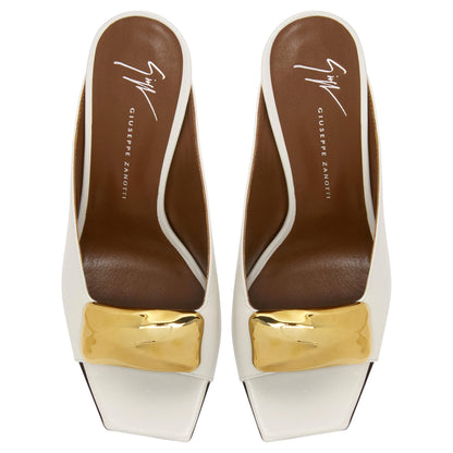 Giuseppe Zanotti, Gz Mya Stone 90, Clean-cut, Open-toe Mule Sandal with Geometric Metal Brooch, White