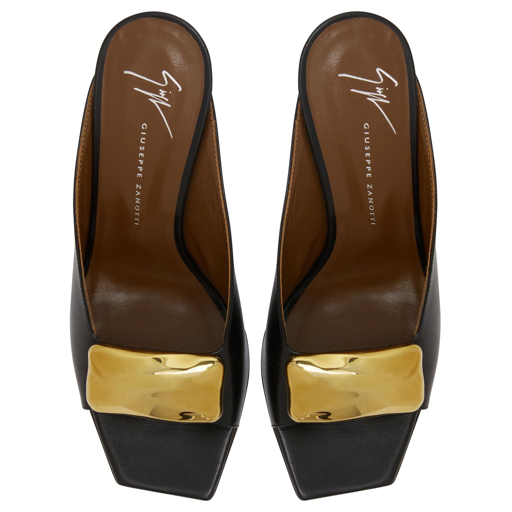 Giuseppe Zanotti, Gz Mya Stone 90, Clean-cut, Open-toe Mule Sandal with Geometric Metal Brooch, Black