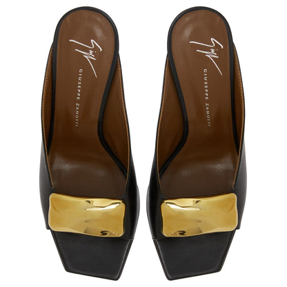 Giuseppe Zanotti, Gz Mya Stone 90, Clean-cut, Open-toe Mule Sandal with Geometric Metal Brooch, Black