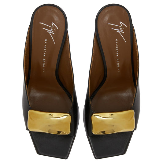 Giuseppe Zanotti, Gz Mya Stone 90, Clean-cut, Open-toe Mule Sandal with Geometric Metal Brooch, Black