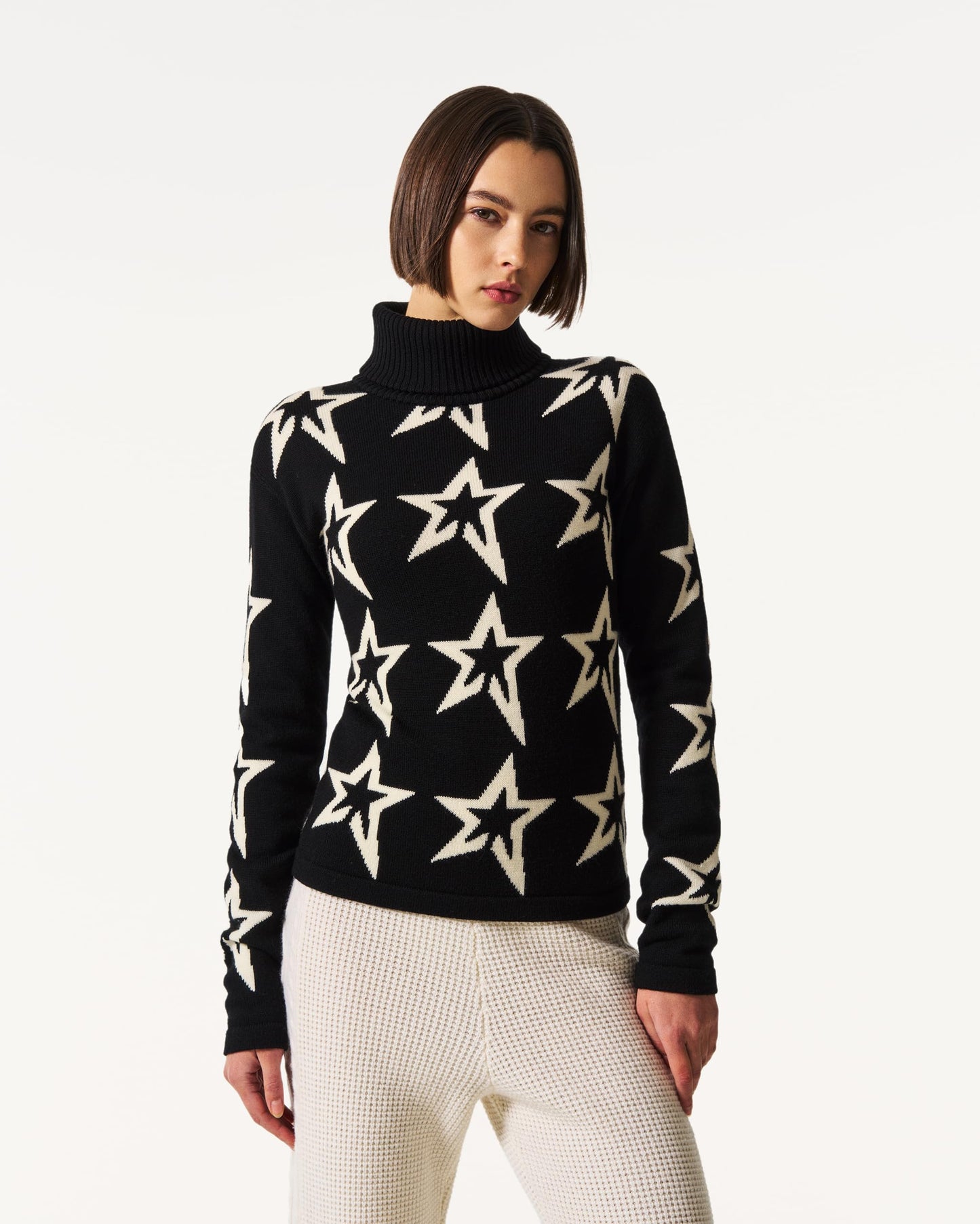 Perfect Moment, Star Dust Merino Wool Sweater, Medium, Black/Snow White Star