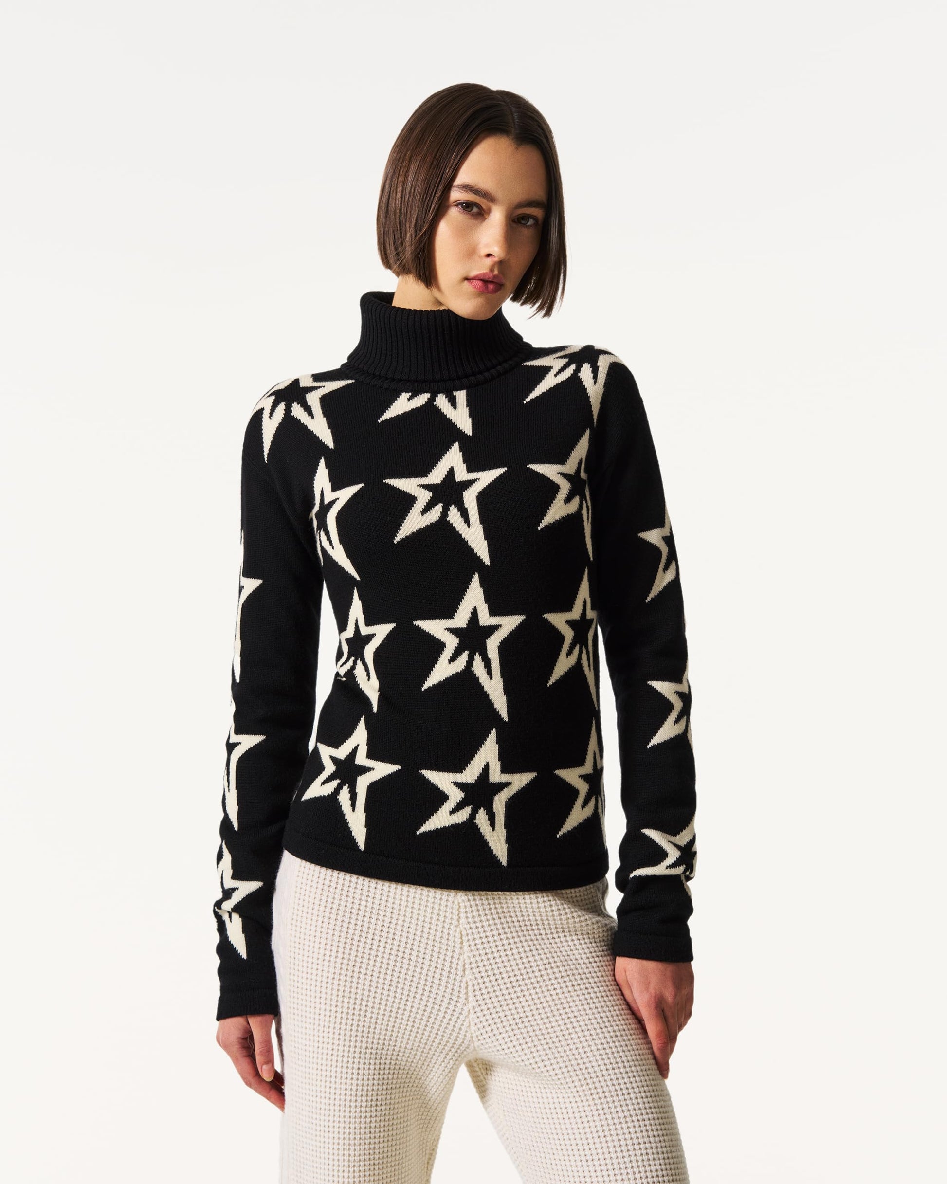 Perfect Moment, Star Dust Merino Wool Sweater, Medium, Black/Snow White Star