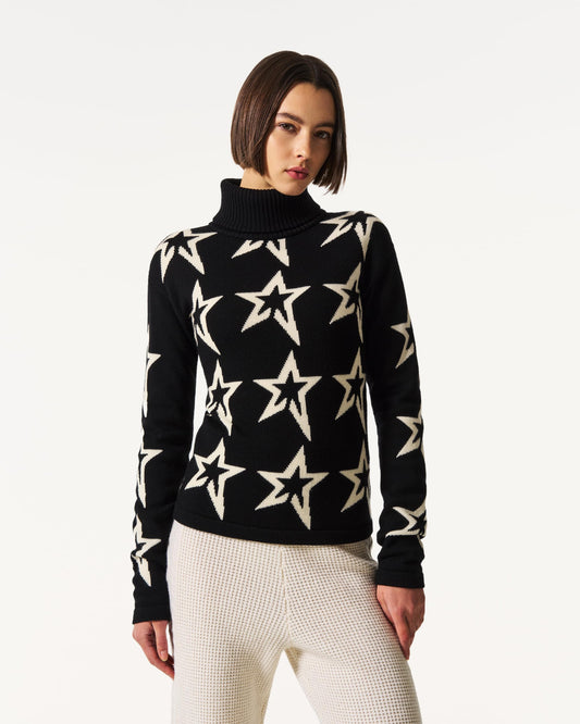 Perfect Moment, Star Dust Merino Wool Sweater, Medium, Black/Snow White Star