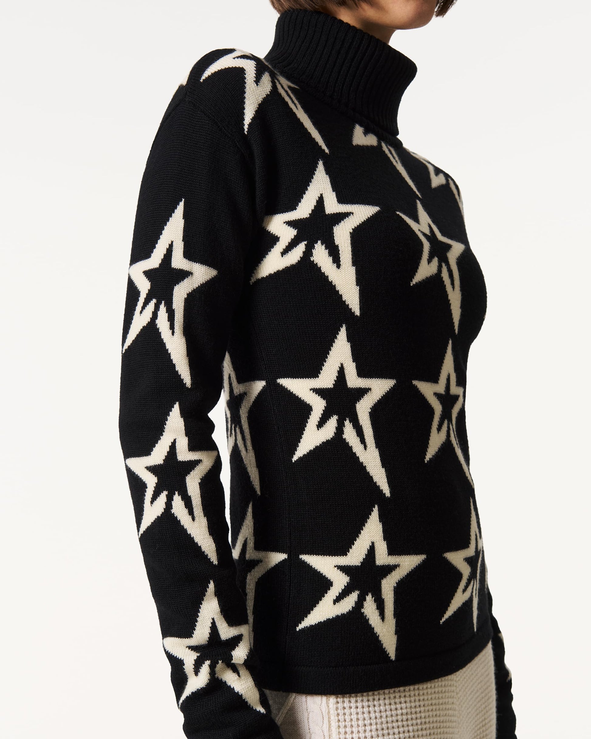 Perfect Moment, Star Dust Merino Wool Sweater, Medium, Black/Snow White Star