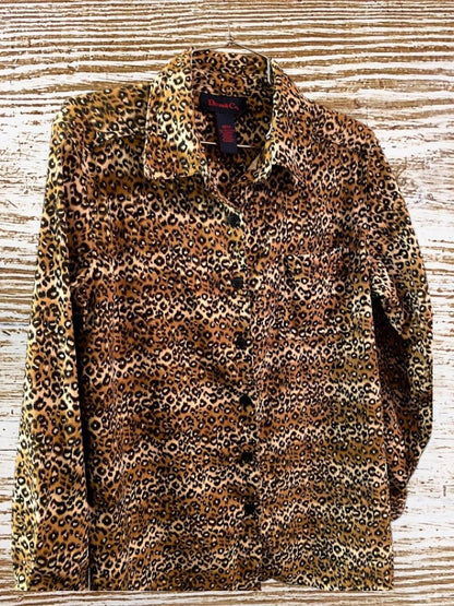 This Denim & Co. button down collar shirt features a striking leopard print design