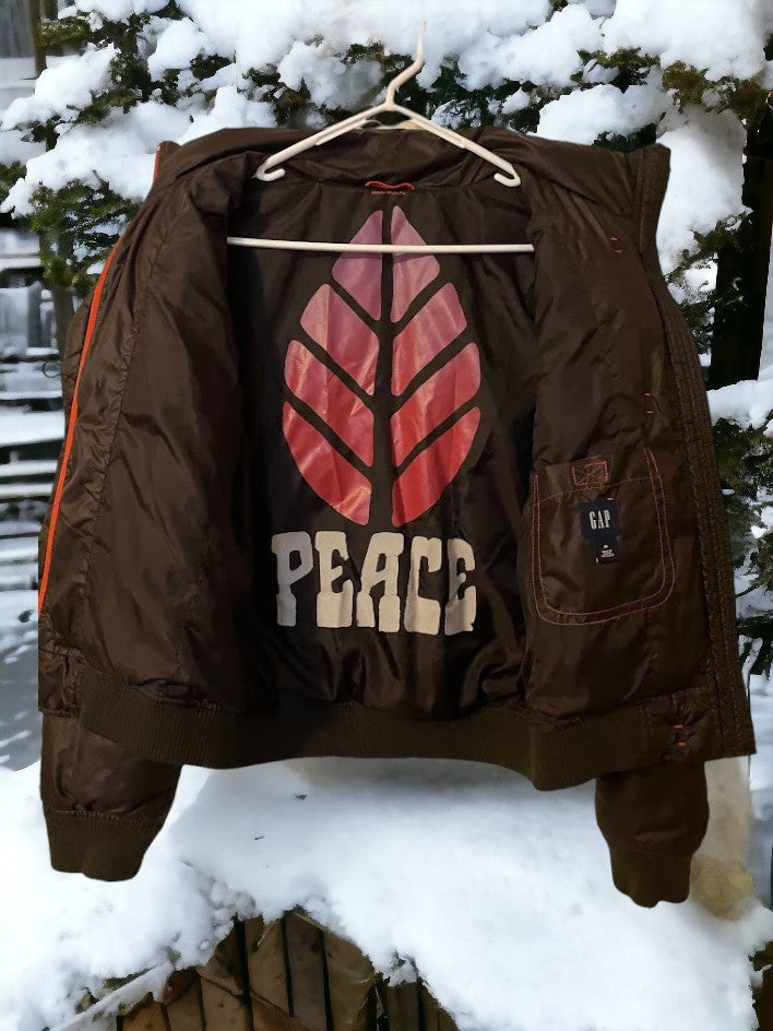 GAP graphic peace design puffer bomber coat will keep you warm in cold weather