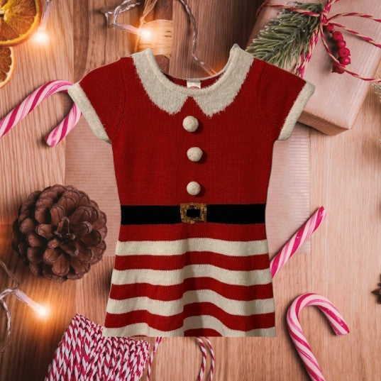This Holiday Time Christmas dress features a classic stripe design in festive red, white and black