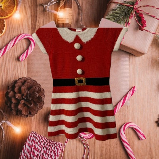 This Holiday Time Christmas dress features a classic stripe design in festive red, white and black