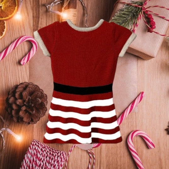 This Holiday Time Christmas dress features a classic stripe design in festive red, white and black